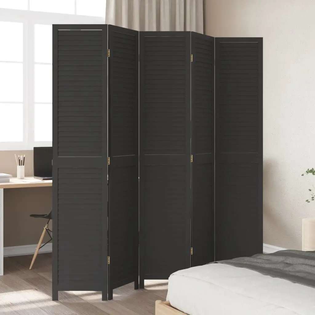 Room Divider Folding Privacy Screen 5 Panels Black Solid Wood