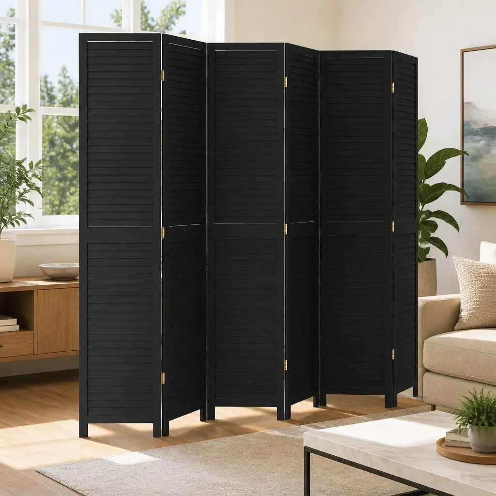 Room Divider 6 Panels Folding Privacy Screen Black Solid Wood Paulownia
