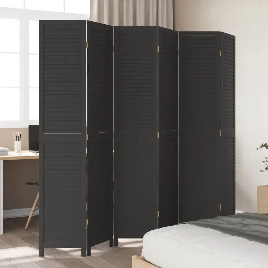 Room Divider 6 Panels Folding Privacy Screen Black Solid Wood Paulownia