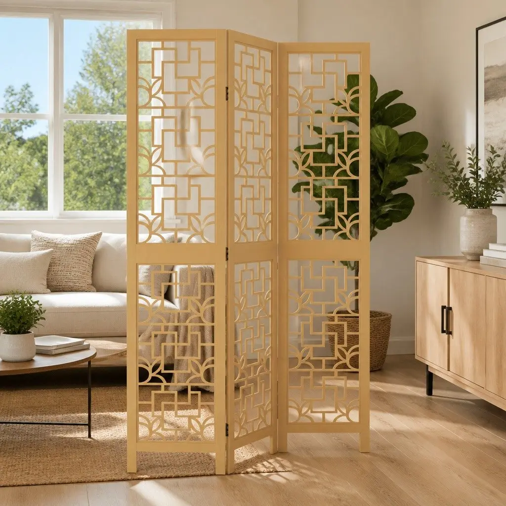 Room Divider Folding Privacy Screen 3 Panel Brown Solid Wood Partition