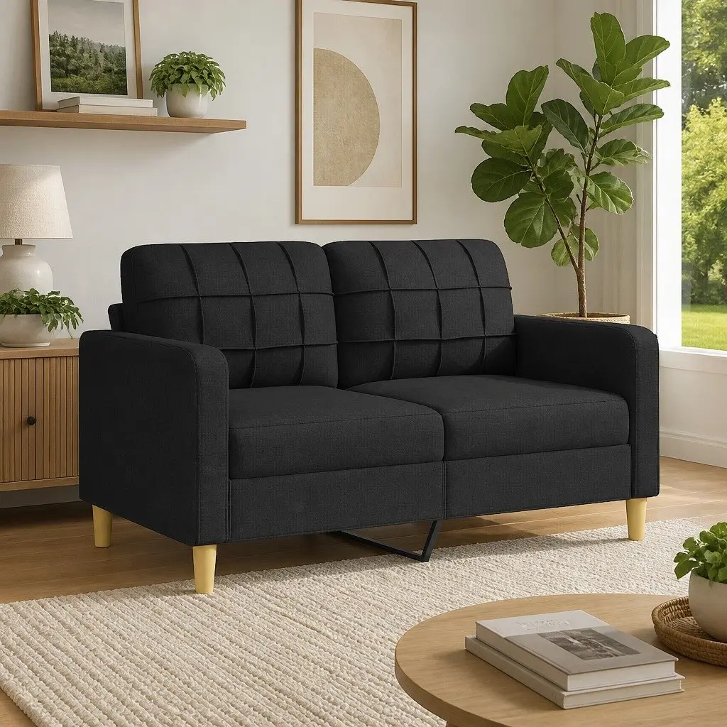 2-Seater Sofa Black 140cm Lounge Couch Fabric