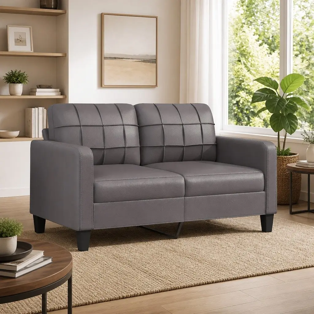 2-Seater Sofa Grey 140cm Lounge Couch Modern Faux Leather Furniture