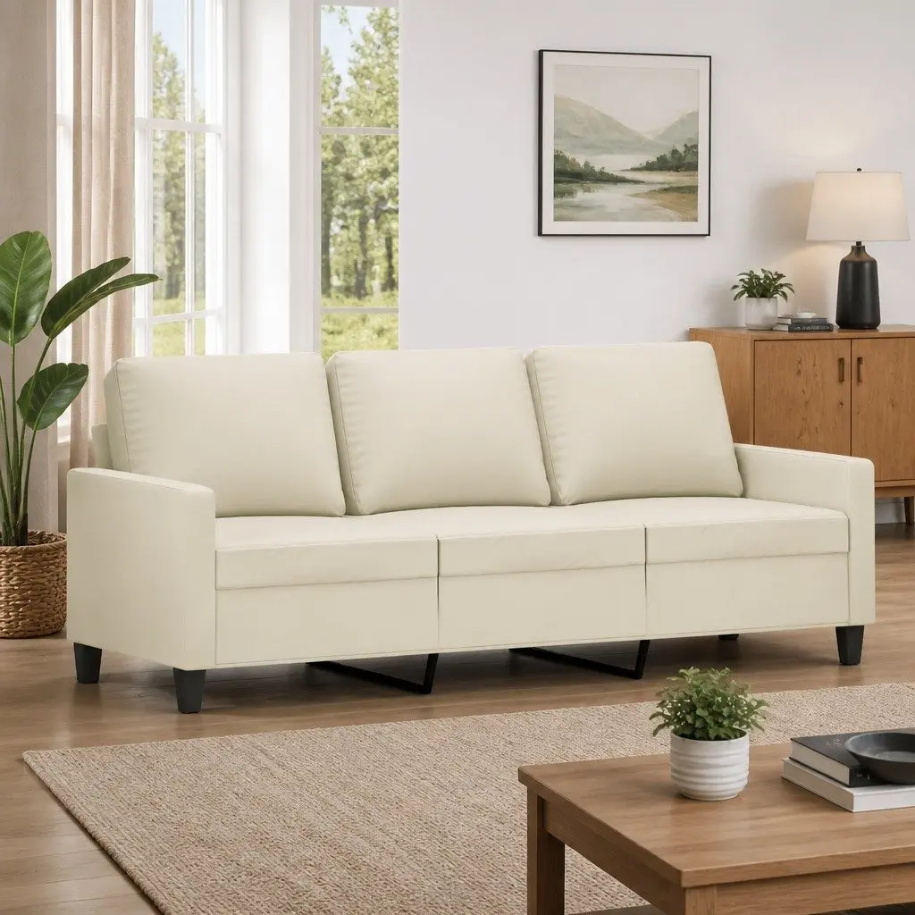 3-Seater Sofa Cream 180cm Faux Leather Lounge Couch