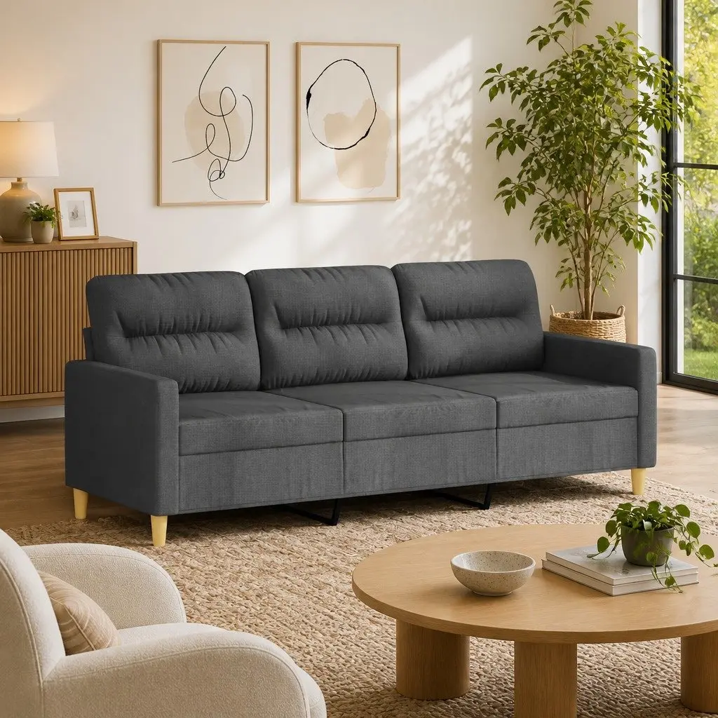 3-Seater Sofa Grey Fabric 180cm Modern Living Room Couch