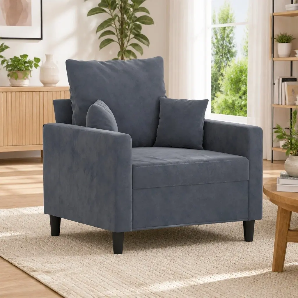 Grey Velvet Sofa Chair 60cm Armchair Padded Seat Modern Living Room Furniture