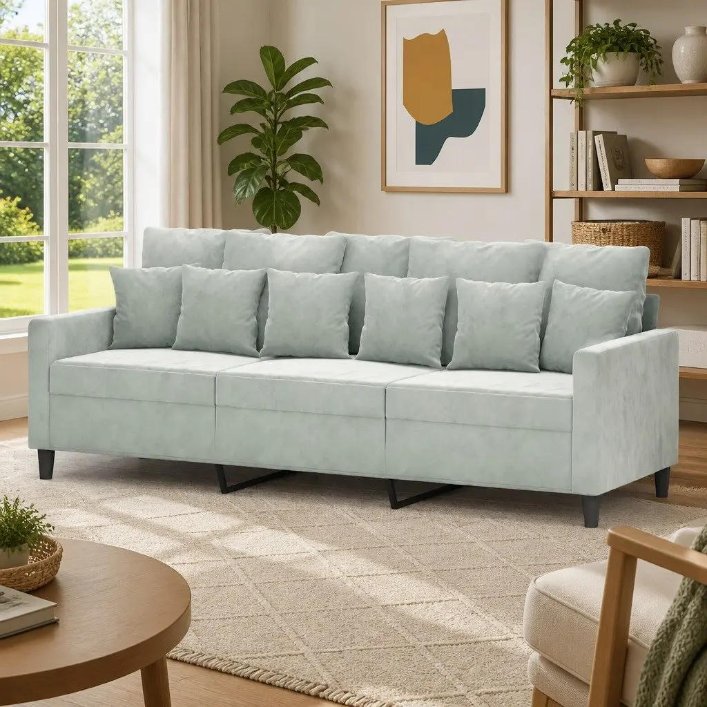 3-Seater Sofa Grey Velvet 180cm Modern Living Room Couch Comfortable Padded