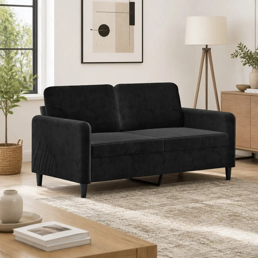 2-Seater Sofa Black 140cm Velvet Upholstered Modern Lounge Couch