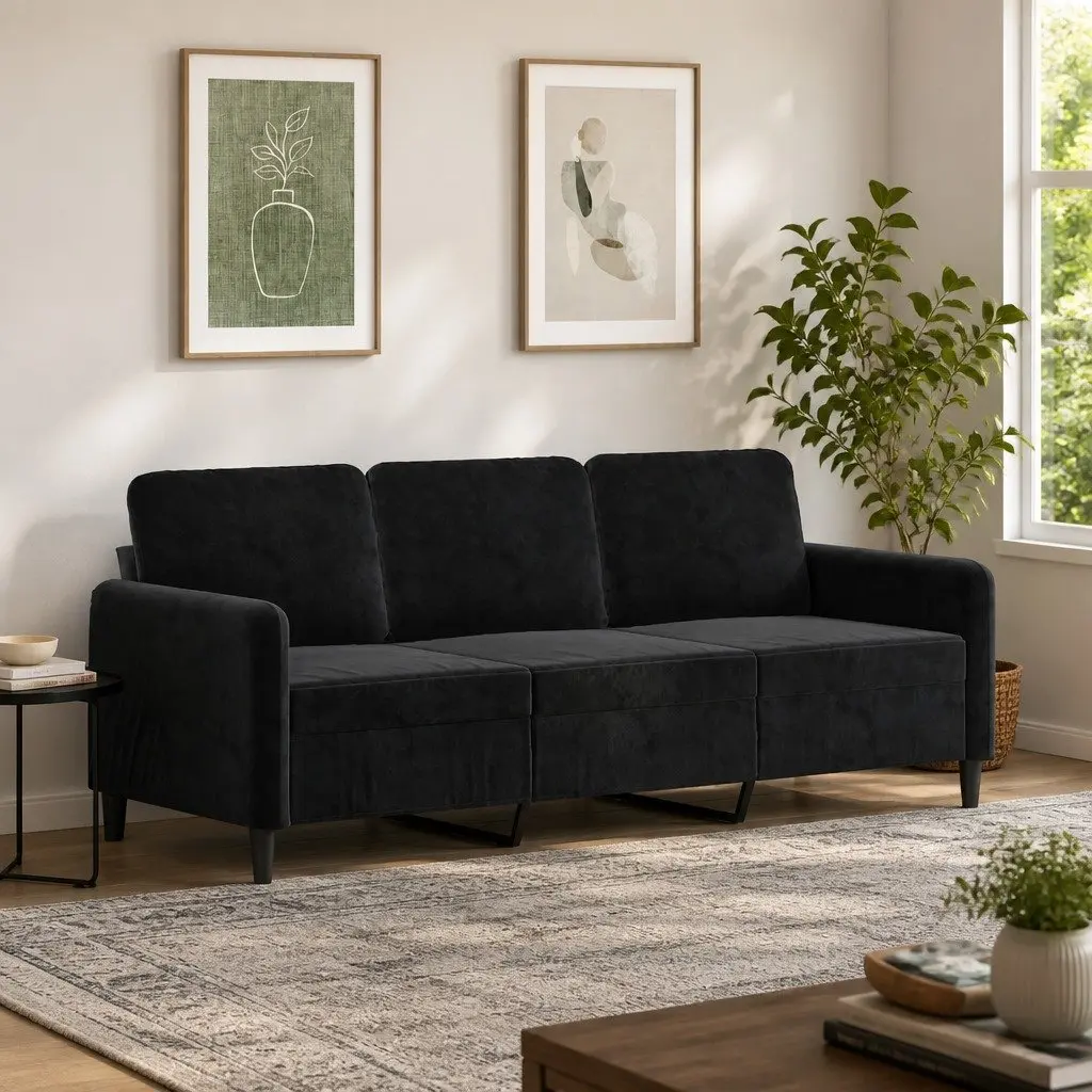 3-Seater Sofa Velvet Padded Armrest 180cm Black Modern Living Room Couch
