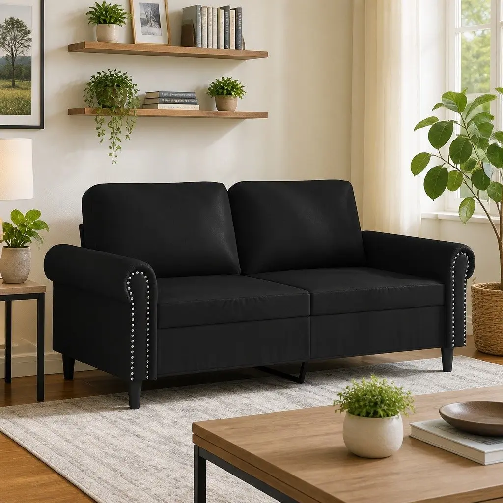 2-Seater Sofa Black 140cm Modern Lounge Couch Faux Leather Seating