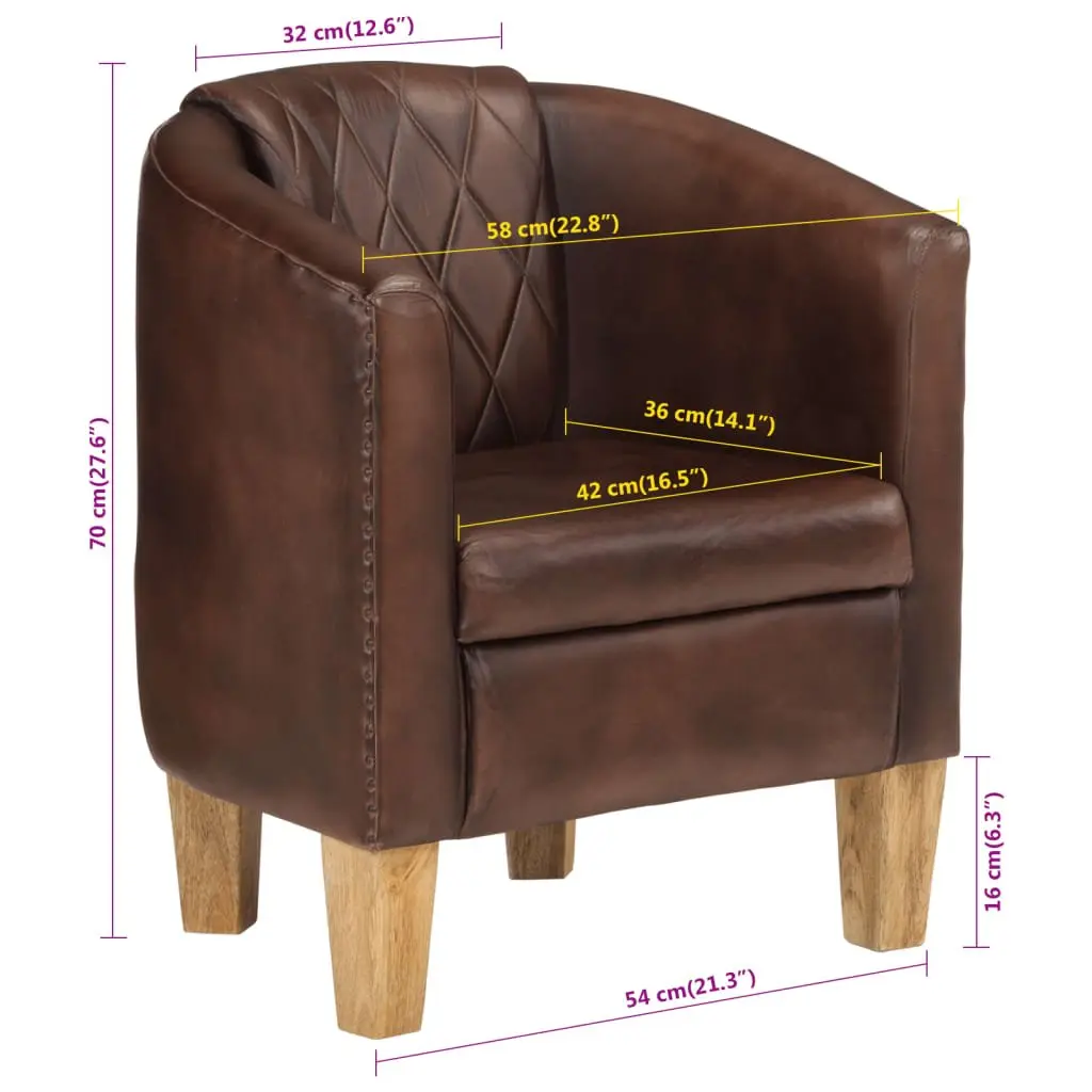 Tub Chair Brown Real Leather Armchair Lounge Seating Comfortable Padded