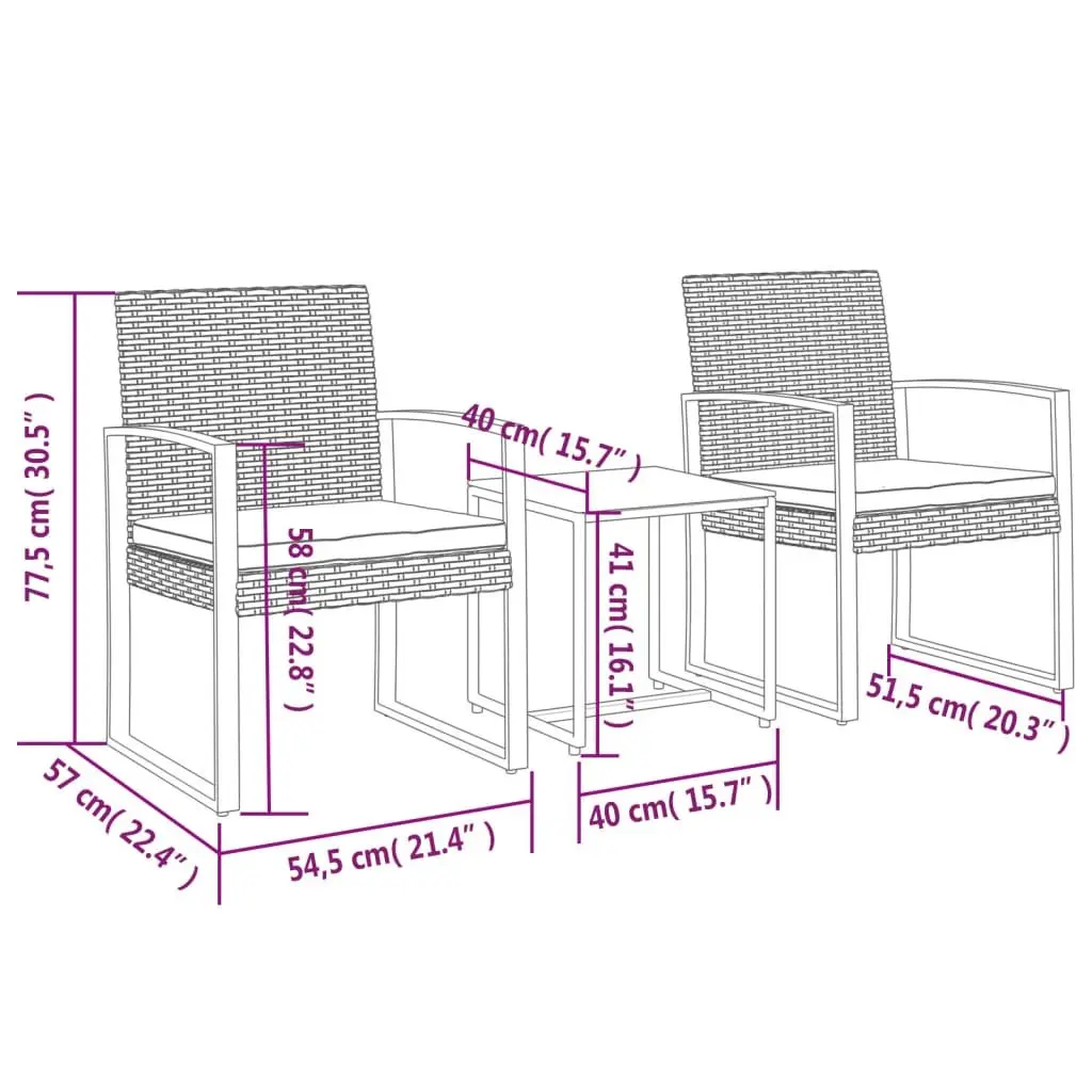 Garden Dining Set 3 Piece Outdoor Furniture Black PP Rattan with Cushions