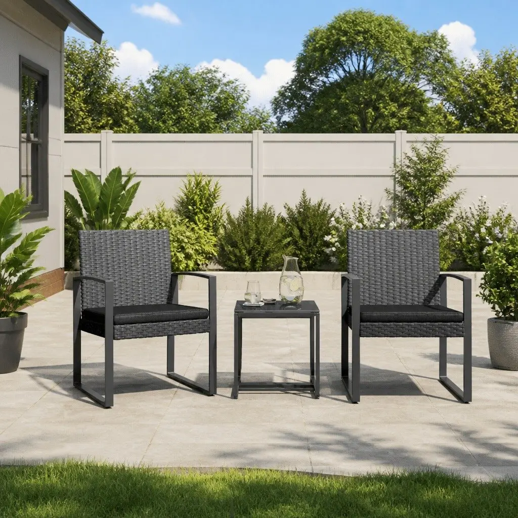 Outdoor Furniture 3 Piece Garden Dining Set Rattan Cushions Grey Chairs Table