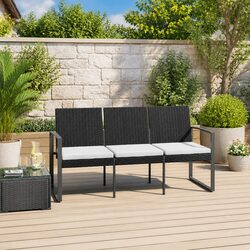 3-Seater Garden Bench with Cushions Black Outdoor Patio Seating Furniture