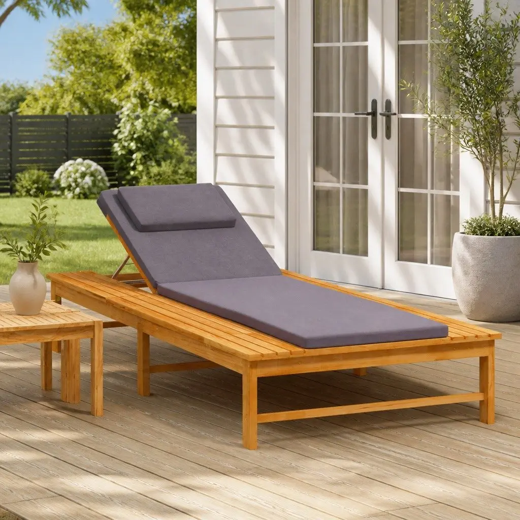 Garden Sun Lounger Adjustable Backrest Solid Acacia Wood Dark Grey Cushion Pillow