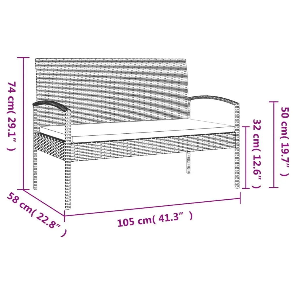 Garden Bench Black 105cm Outdoor Seating with Cushion Poly Rattan