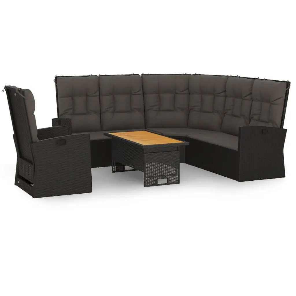 Garden Lounge Set Outdoor Furniture Adjustable Backrest Lift Up Tabletop 3 Piece Black Poly Rattan