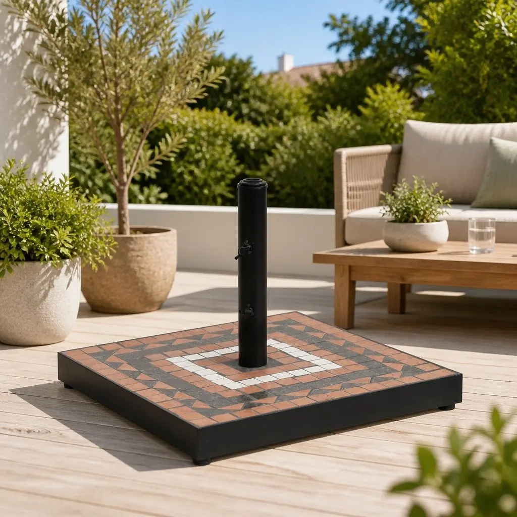 Parasol Base Square Umbrella Stand Outdoor 12kg Terracotta White Ceramic Tile Iron