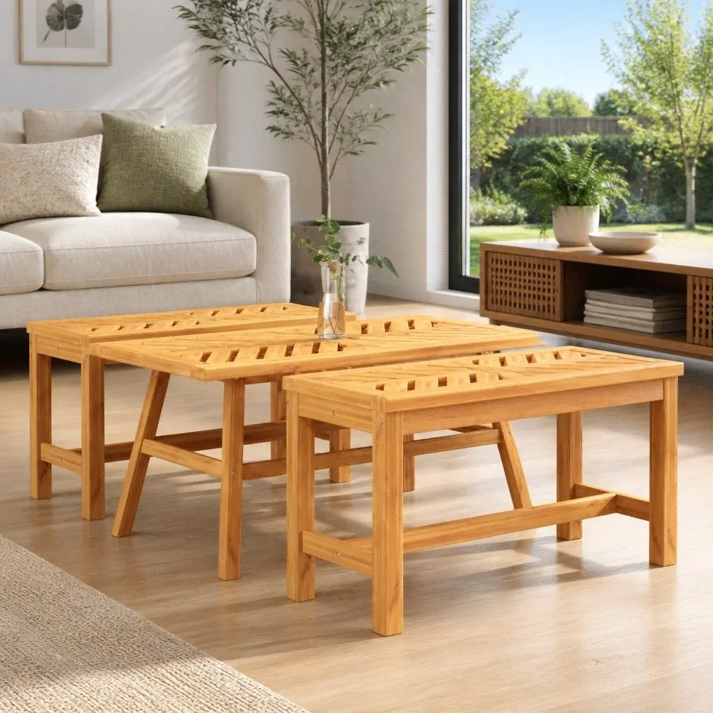 Solid Acacia Coffee Table with Fishbone Pattern