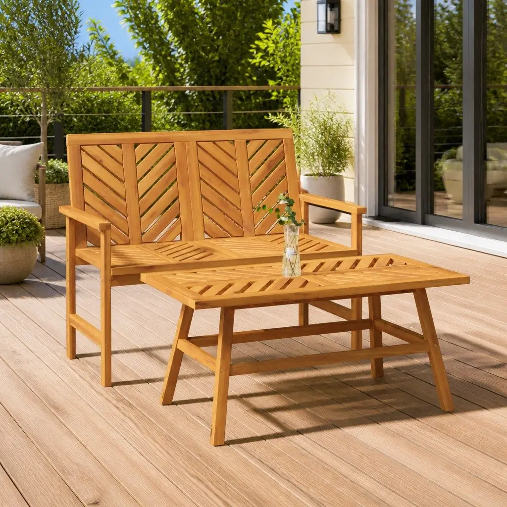 Acacia Wood Garden Bench 109cm Brown Chevron Backrest with Armrests