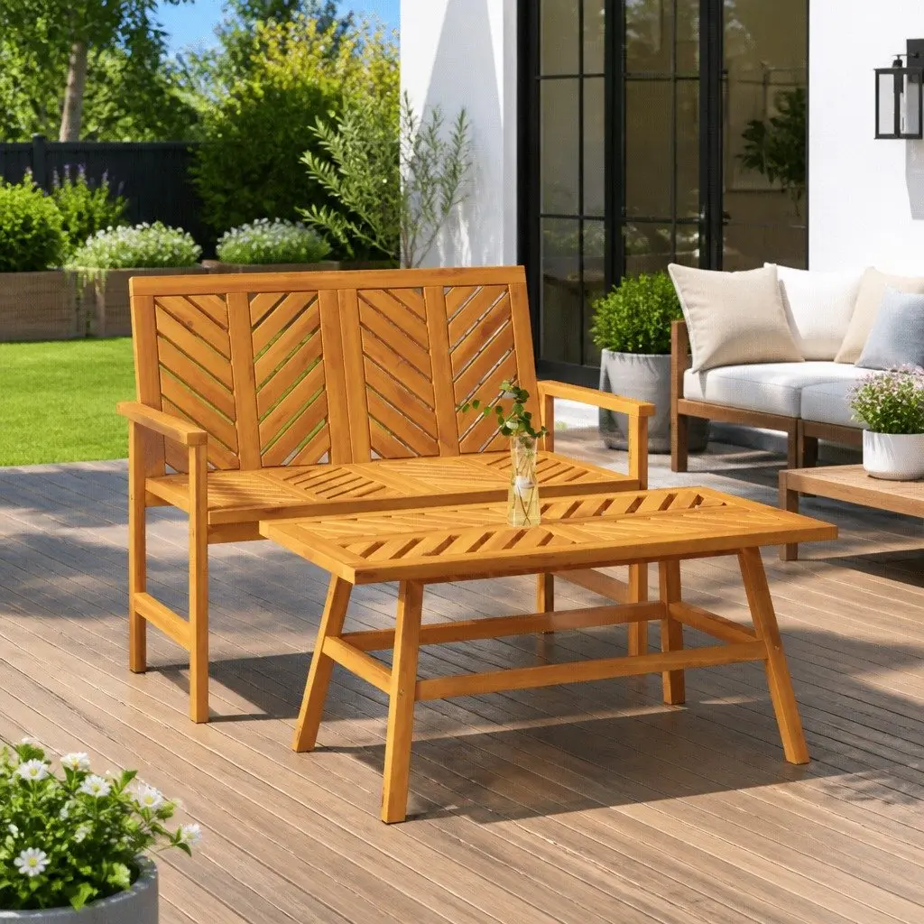Garden Lounge Set Acacia Wood Outdoor Furniture with Armrests 2 Piece Brown