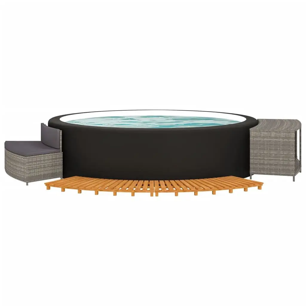 Spa Bench Storage Shelf Surround for Hot Tub Grey Poly Rattan Acacia Wood Frame