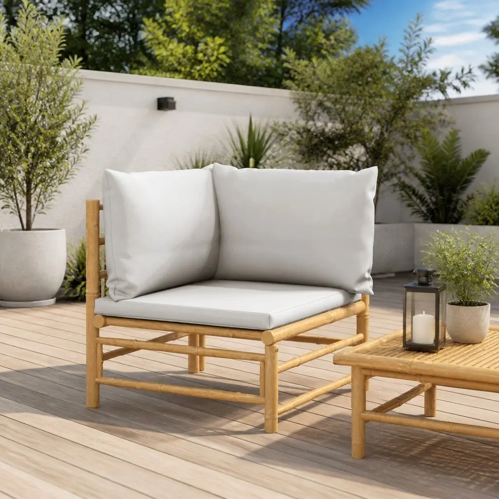 Bamboo Corner Sofa with Grey Cushions