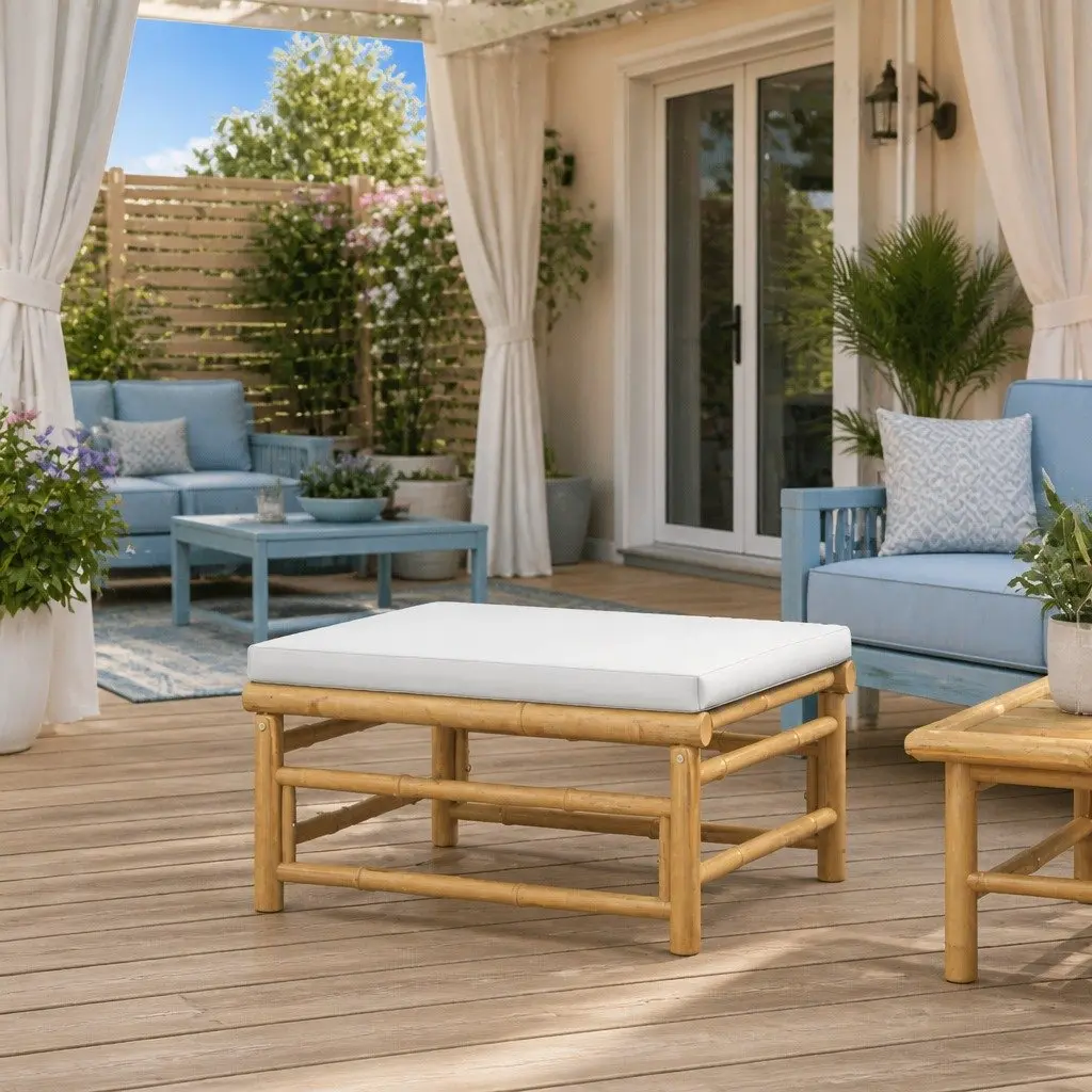 Garden Footstool Outdoor Seating Ottoman Bamboo Frame Grey Cushion Pad