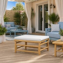 Garden Footstool Outdoor Seating Ottoman Bamboo Frame with Grey Cushion Pad