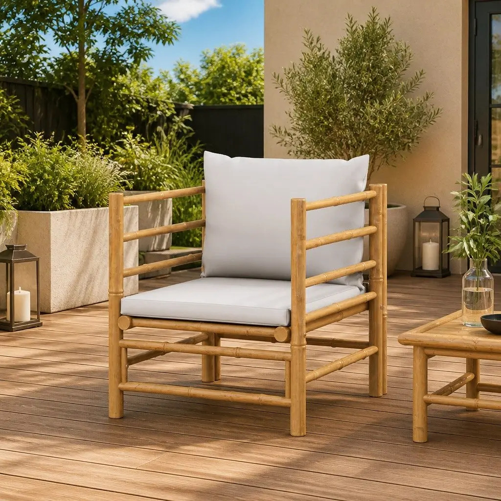 Outdoor Sectional Sofa Garden Seating Modular Bamboo Frame Grey Cushions