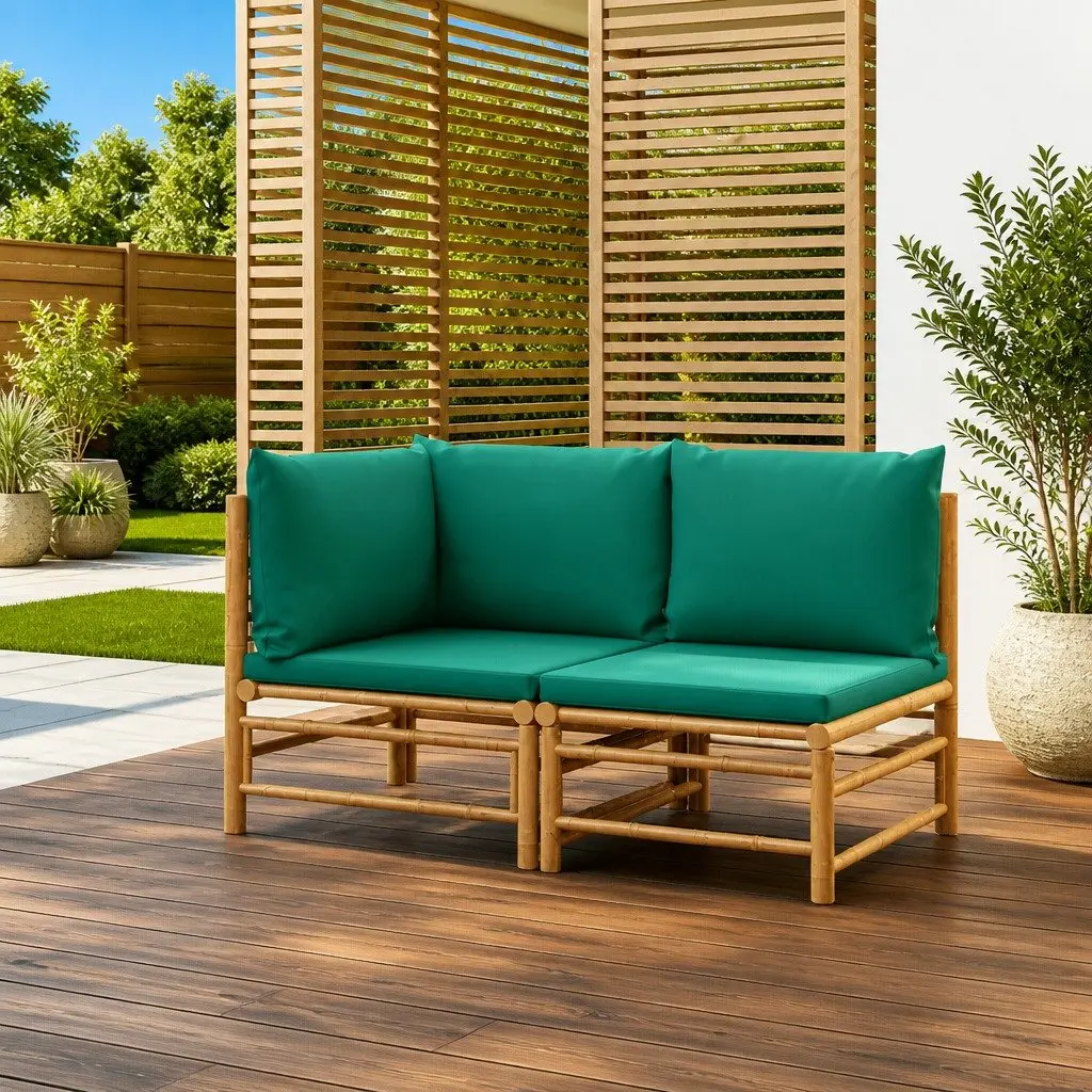 Bamboo Garden Lounge Set Outdoor Sectional Sofa with Green Cushions 2 Piece