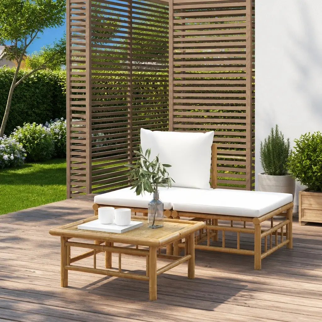 Bamboo Outdoor Lounge Set Cream White Cushions Sofa Coffee Table 3 Piece