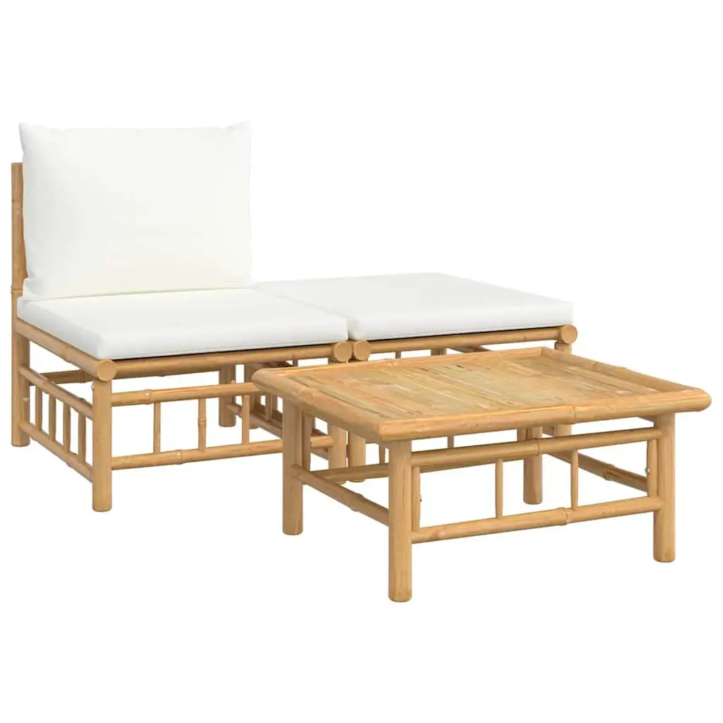 Bamboo Outdoor Lounge Set Cream White Cushions Sofa Coffee Table 3 Piece