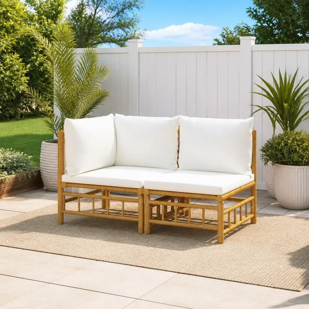 2 Piece Garden Lounge Set Bamboo Outdoor Sofa Cream White