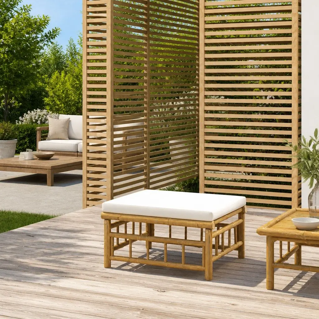 Bamboo Garden Footstool Ottoman Outdoor Use White Cushion Seat Patio Furniture