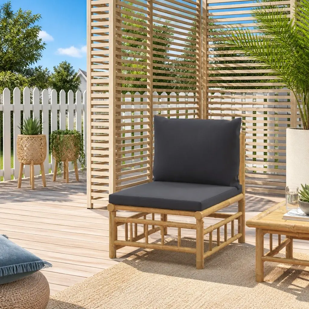 Outdoor Sectional Middle Sofa Bamboo Garden Furniture Grey Cushions Modular