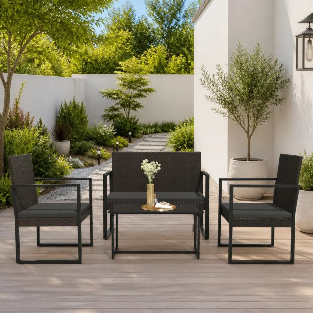 Garden Bench Cushions 106cm Black Poly Rattan Outdoor Seating Furniture