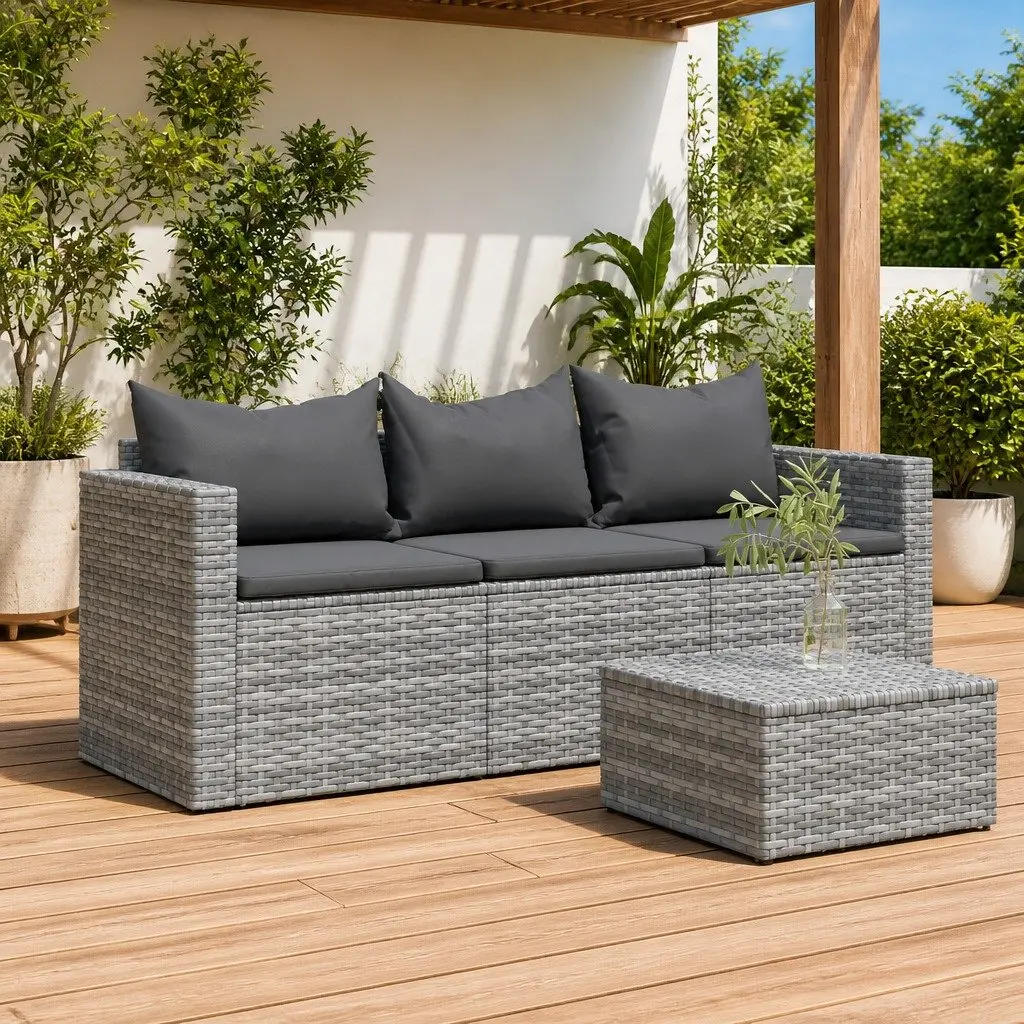 3-Seater Garden Sofa Outdoor Seating Grey Poly Rattan with Cushions