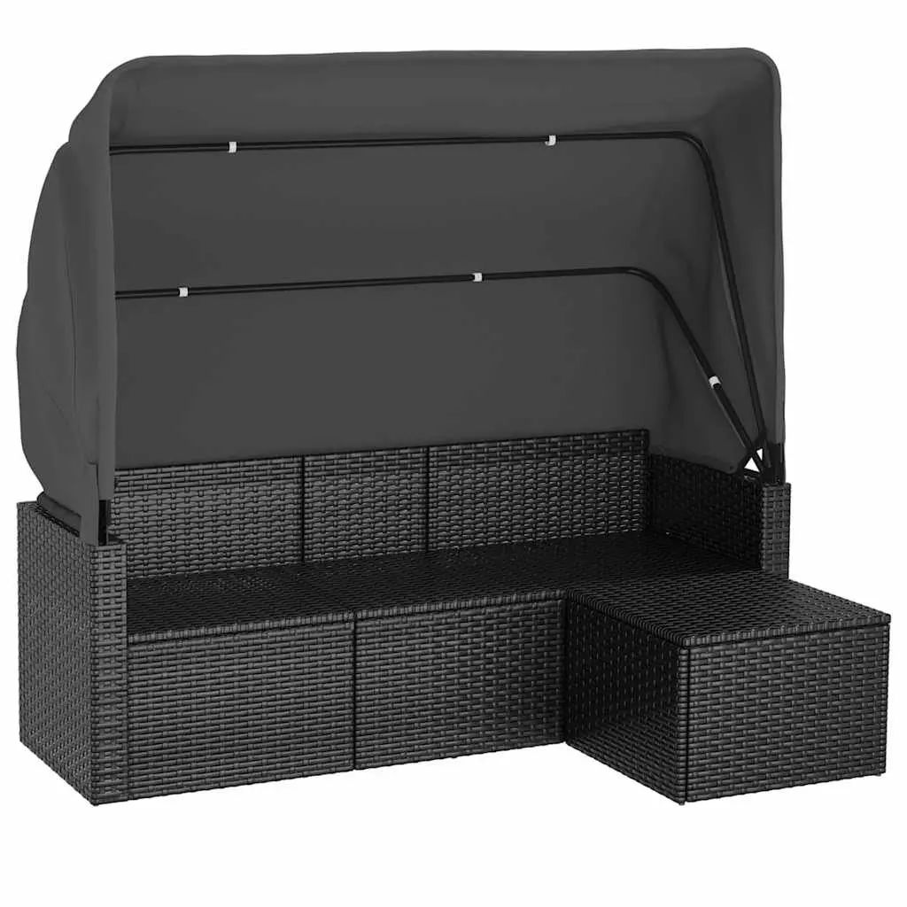 3-Seater Garden Sofa Outdoor Furniture Adjustable Roof Footstool Black Rattan