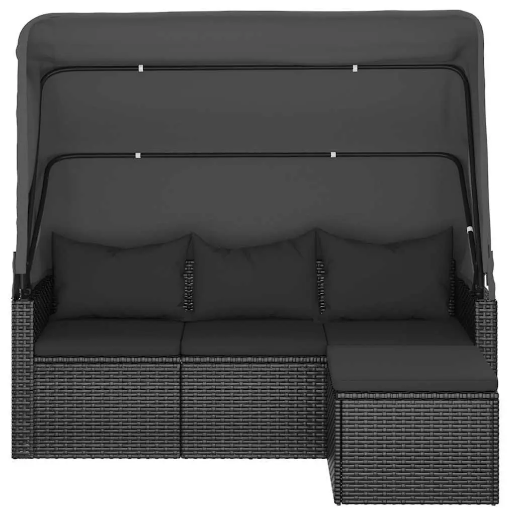 3-Seater Garden Sofa Outdoor Furniture Adjustable Roof Footstool Black Rattan