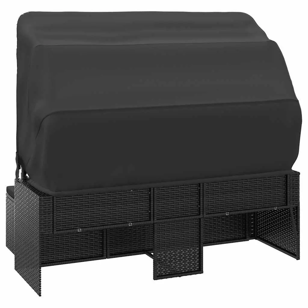3-Seater Garden Sofa Outdoor Furniture Adjustable Roof Footstool Black Rattan