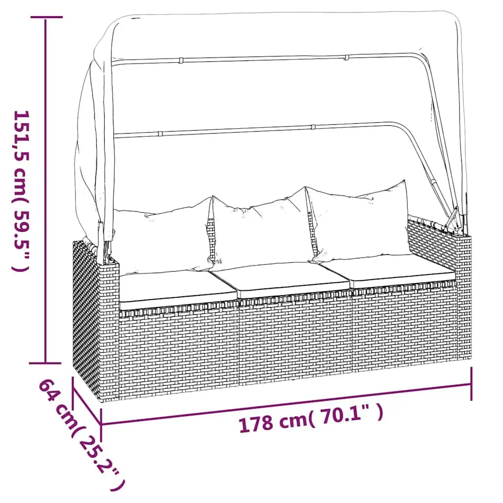 3-Seater Garden Sofa Outdoor Furniture Adjustable Roof Footstool Black Rattan