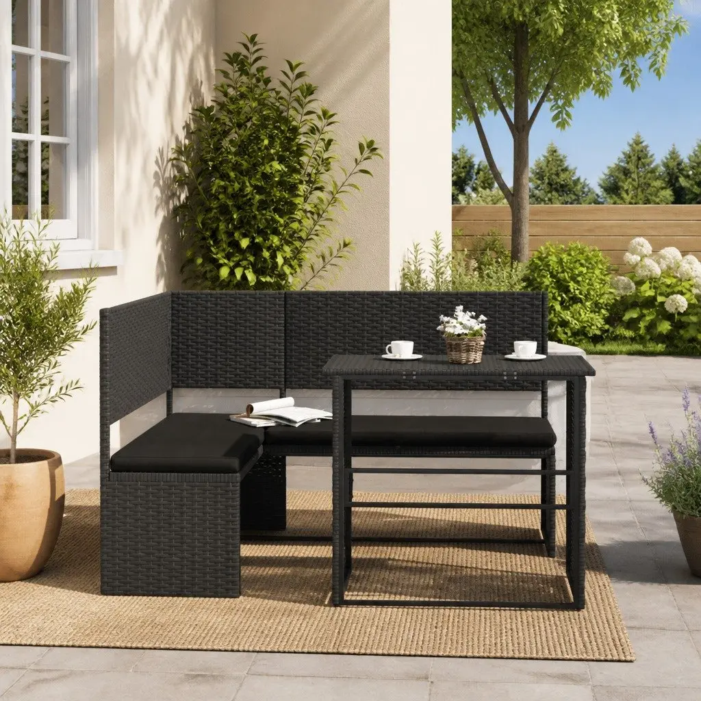 L-Shaped Garden Sofa Set Outdoor Patio Furniture Black Poly Rattan