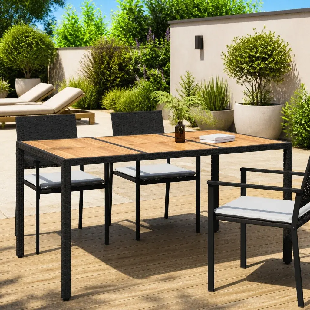 Garden Dining Table Outdoor Entertaining 150x90x75cm Black Poly Rattan Steel Frame