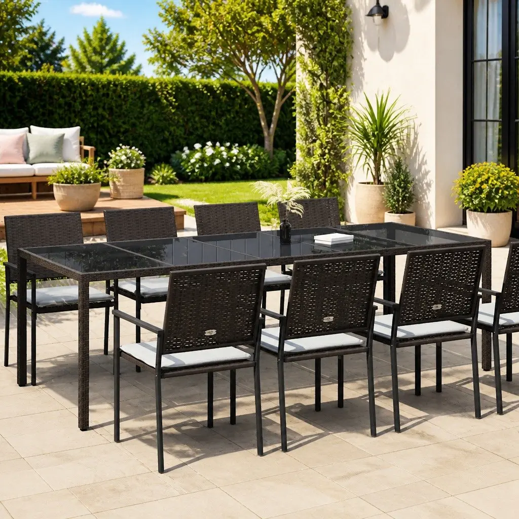 Garden Dining Table Outdoor 250x100x75cm Brown Poly Rattan Steel Frame