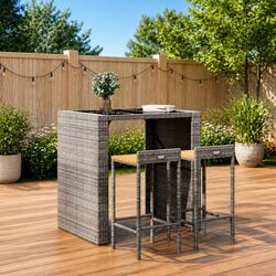 Bar Stools 2 pcs Grey Outdoor Indoor Rattan Wood Acacia Kitchen Breakfast