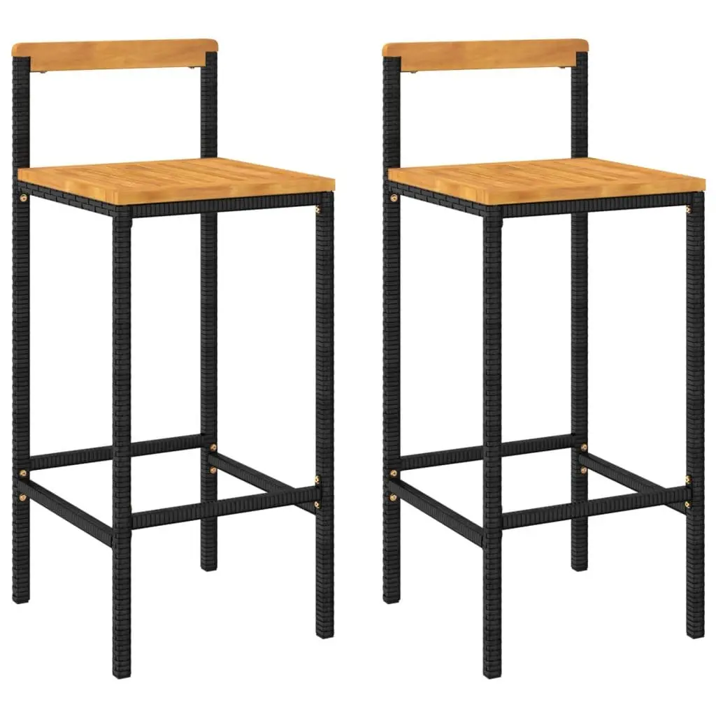 Bar Stools Modern Kitchen Outdoor Indoor 2 pcs Black Poly Rattan Wood Acacia