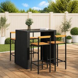 Bar Stools 4 Pieces Black Poly Rattan Wood Acacia Indoor Outdoor Seating