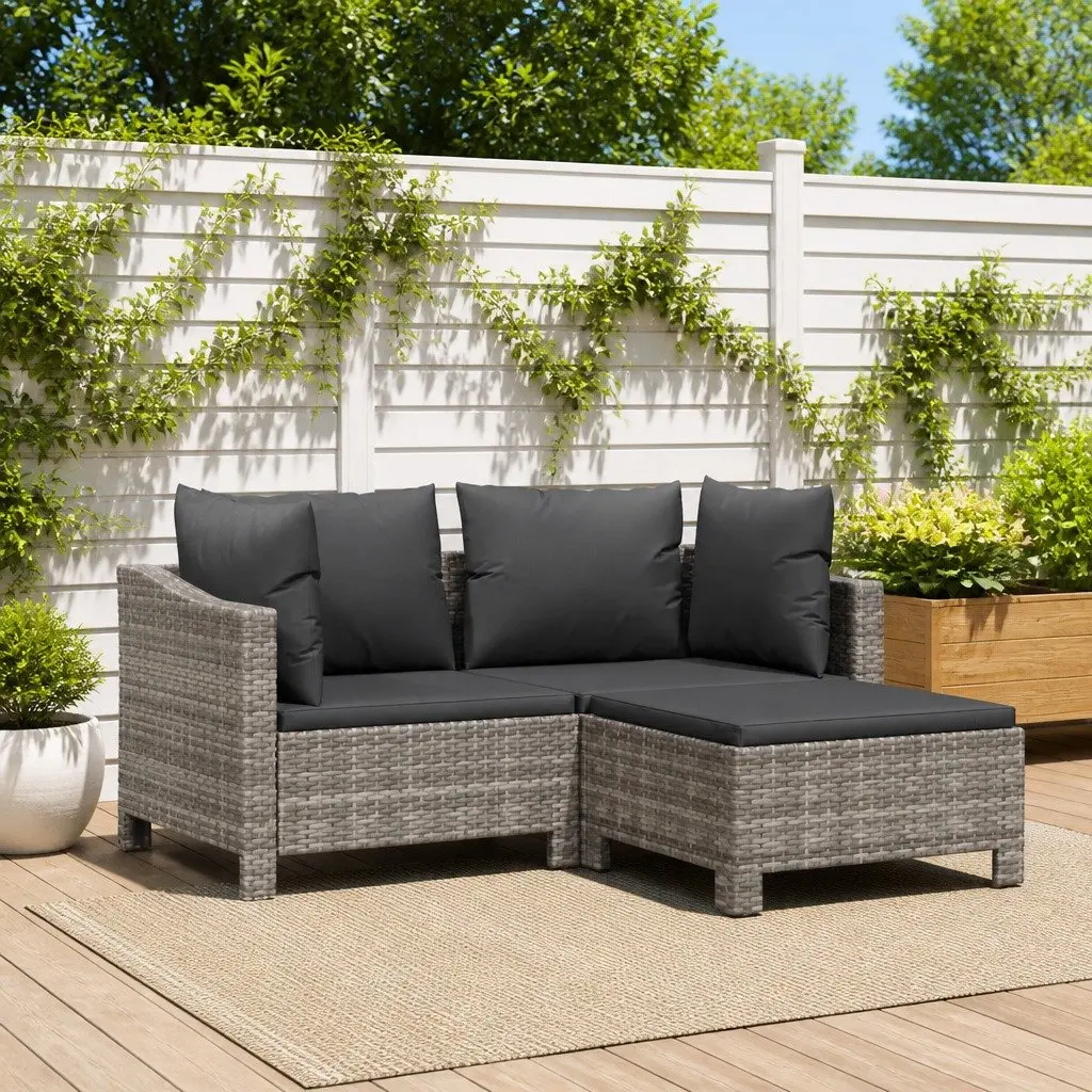 Grey Outdoor Lounge Set 3 Piece with Cushions Poly Rattan Garden Furniture