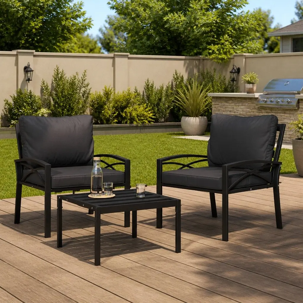 Garden Chair Outdoor Seating Steel Frame Grey Cushions Black