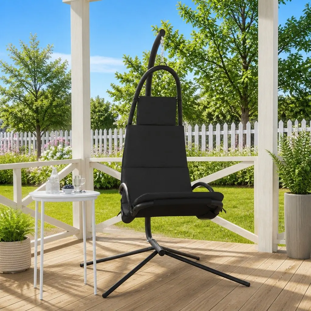 Hanging Swing Chair Outdoor Seat Grey Oxford Fabric with Cushion Steel Frame